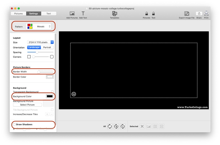 Screenshot of TurboCollage software showing the selection of Mosaic collage pattern.