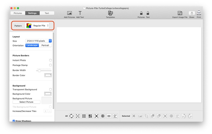 Screenshot of TurboCollage software showing the selection Picture Pile pattern.