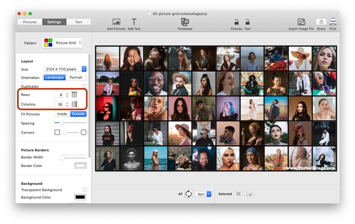 A screenshot of TurboCollage software shows how to set the number of rows to 5 and columns to 10.