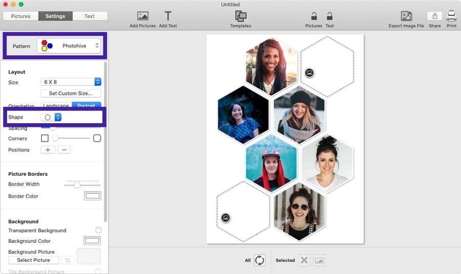 Screenshot of TurboCollage highlighting the control to select Photohive pattern with Hexagon shape (with pointed top)