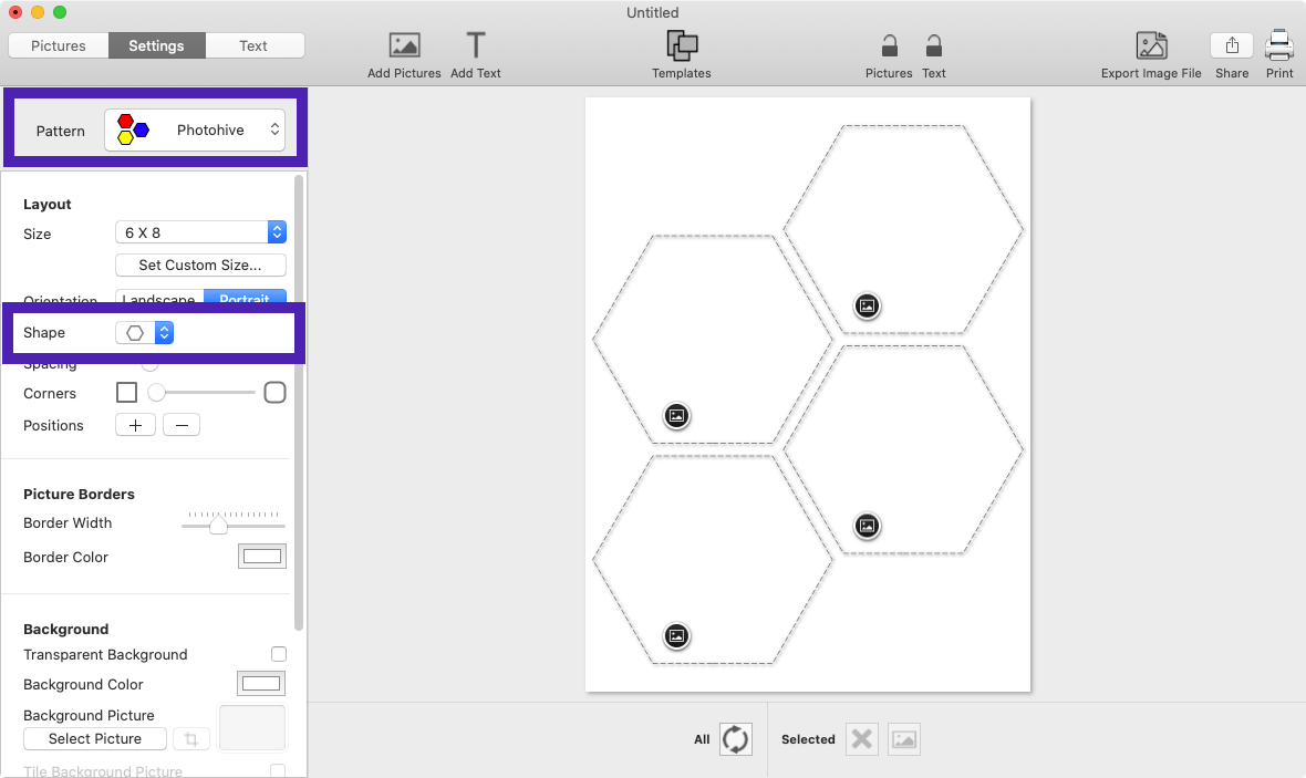 Screenshot of TurboCollage software highlighting the control to select Photohive pattern with Hexagon shape.