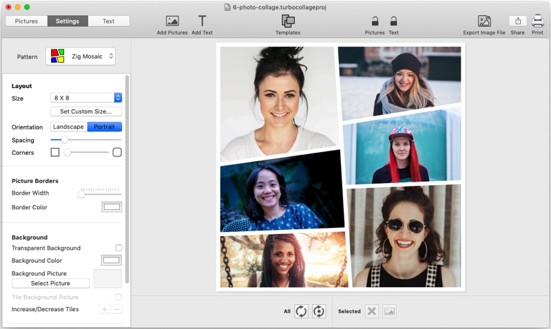Screenshot of TurboCollage showing a 6-photo zig-zag collage