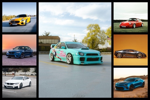 A 7 photo collage made from pictures of cars.