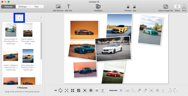Screenshot of TurboCollage software highlighting the control to add photos.
