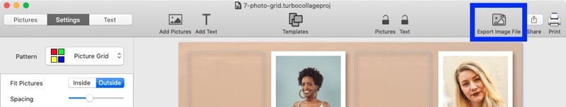 Screenshot of TurboCollage software highlighting the control to export the 7 photo grid to JPG.