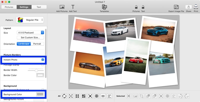 Screenshot of TurboCollage software showing a Polaroid photo pile collage made from 7 images.