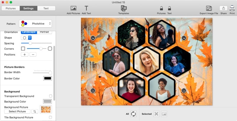 Screenshot of TurboCollage software showing a hexagon collage made from 7 images.