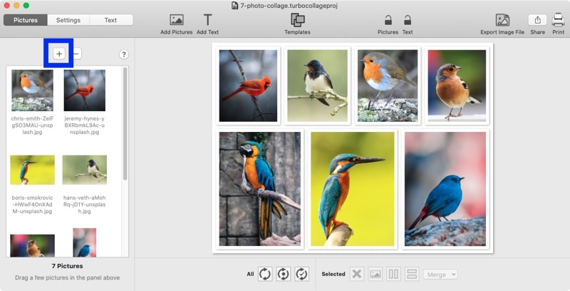 Screenshot of TurboCollage software highlighting the control to add photos.