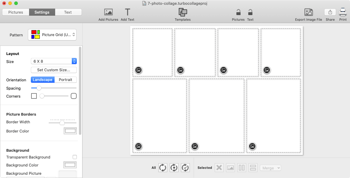 Screenshot of TurboCollage software with our desired 7-photo grid layout.