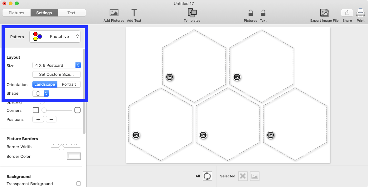 Screenshot of TurboCollage software highlighting the control to select the Photohive pattern.