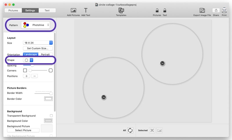 Screenshot of TurboCollage showing selection of Photohive pattern with Circle shape