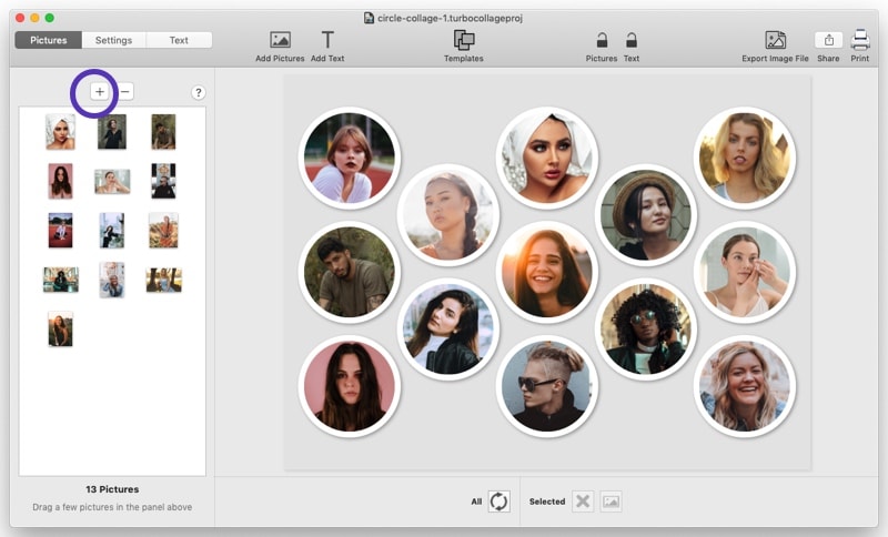 Screenshot of TurboCollage showing the button used to add photos to the circle collage
