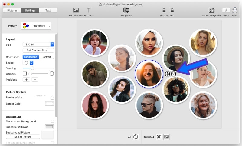 Screenshot of TurboCollage showing the controls to adjust a picture within its frame