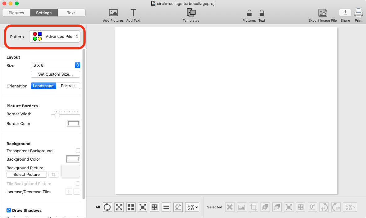 Screenshot of TurboCollage showing selection of Advanced Pile pattern.
