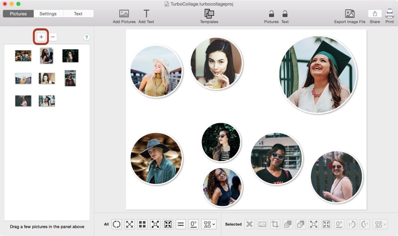 Screenshot of TurboCollage highlighting the control to add pictures to the circle collage.