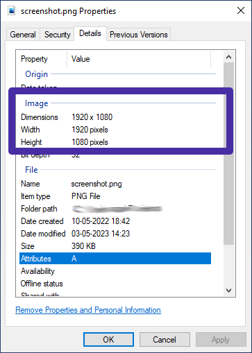 Screenshot of Properties screen on a Windows PC showing image dimensions.