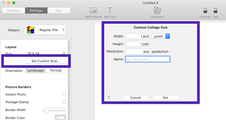 Screenshot of TurboCollage software showing how to set the desktop background size as the collage size.