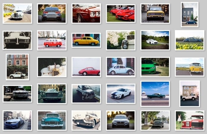 A 30 picture photo grid made from pictures of cars