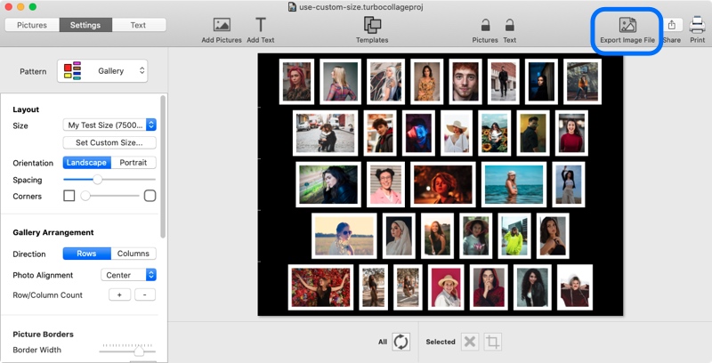 Screenshot of TurboCollage software showing how to use a custom size for the photo collage.