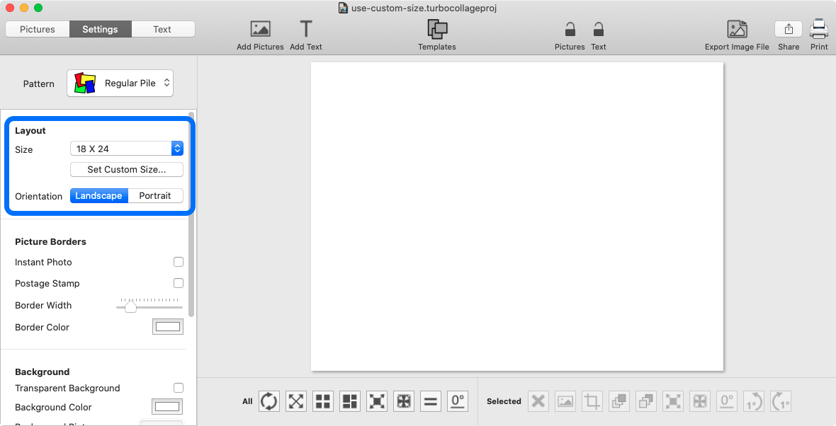 Screenshot of TurboCollage software showing the controls to select a size for the photo collage.