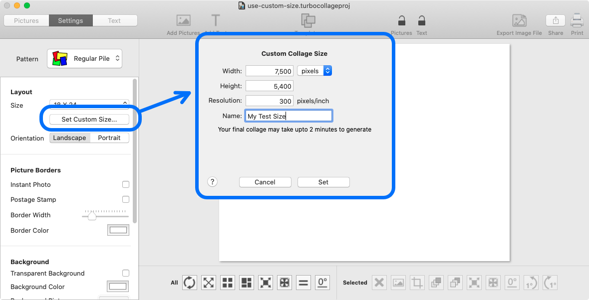 Screenshot of TurboCollage software showing how to use a custom size for the photo collage.