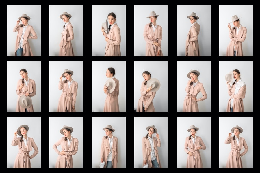 A contact sheet made from photos of a female model wearing a hat and posing in many ways.