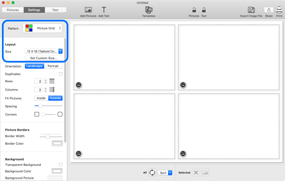 Screenshot of TurboCollage highlighting the controls used to select Picture Grid pattern and to set an output size.