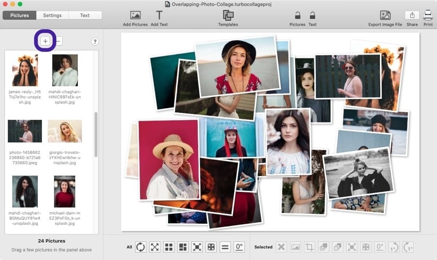 Screenshot of TurboCollage highlighting the control to add pictures to the overlapping photo collage.