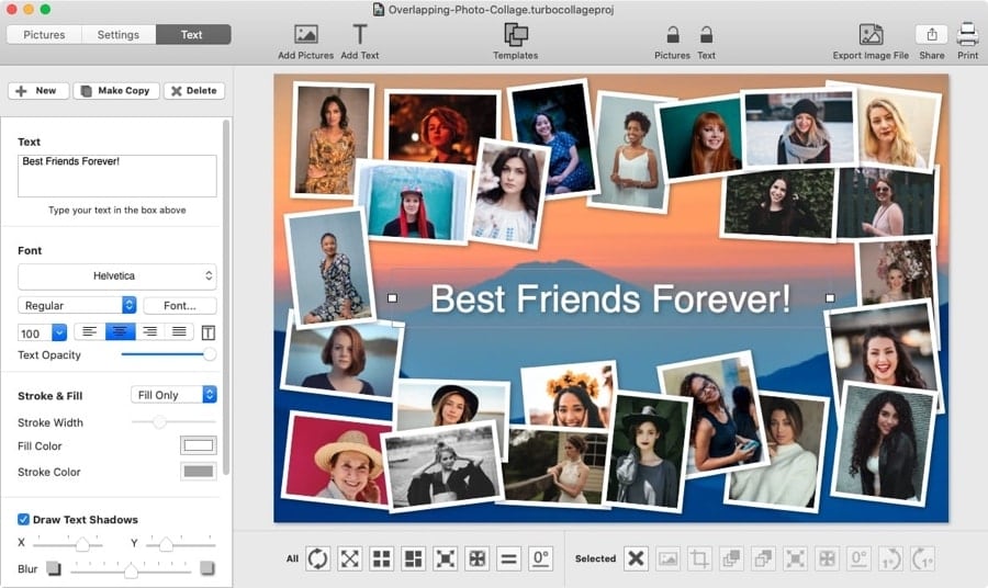 Screenshot of TurboCollage showing the controls used to add text to the pile of photos.