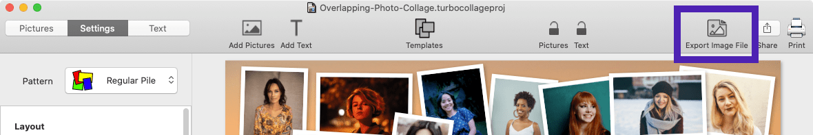 Screenshot of TurboCollage highlighting the control used to export the Overlapping Photo Collage to a JPG image.