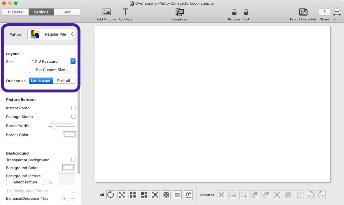 Screenshot of TurboCollage highlighting the controls to set the Picture Pile pattern and collage size.