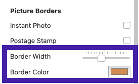 Screenshot highlighting the controls to change Border Width and Border Colour used on pictures in the Overlapping Collage.