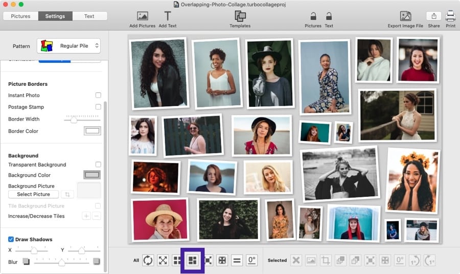 Screenshot of TurboCollage highlighting the control used to arrange pictures into a Photo-Wall layout.