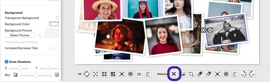 Screenshot of TurboCollage highlighting the control used to remove a picture from the Overlapping Collage.