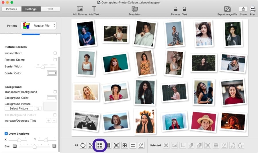 Screenshot of TurboCollage highlighting the control used to spread the photos in the Picture Pile evenly.