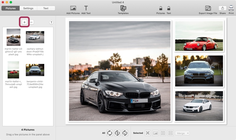 Screenshot of TurboCollage highlighting the control used to add pictures to the photo grid.