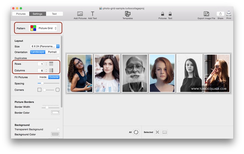 A screenshot highlighting the control to select the photo grid pattern and change the number of rows and columns.