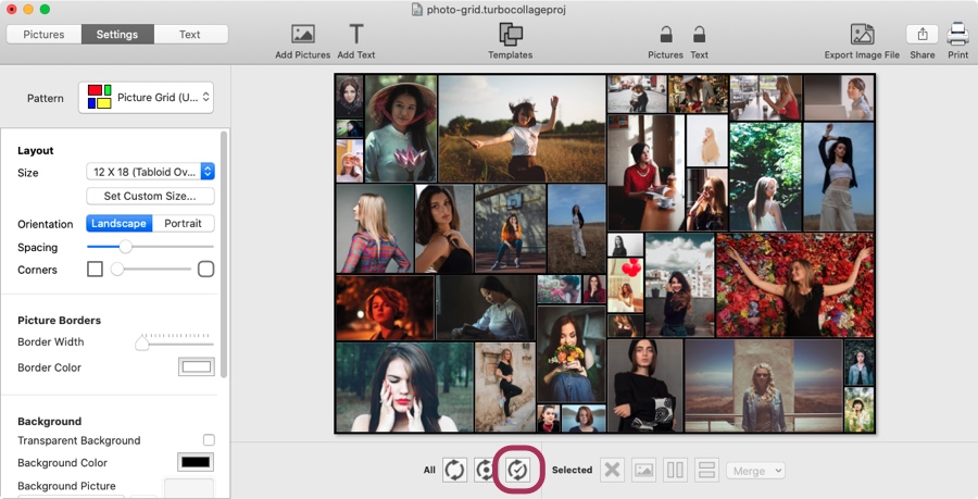 Screenshot of TurboCollage highlighting the control to build a random photo grid from your pictures.