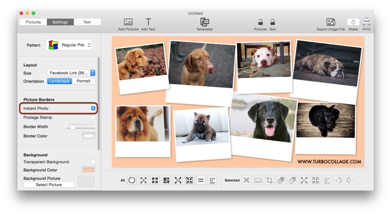 Screenshot of TurboCollage with Regular Pile pattern selected and Instant Photo option switched on.