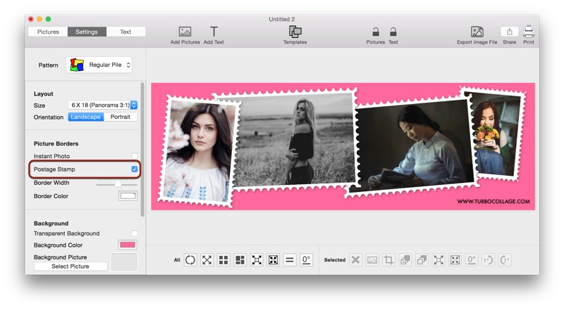 Screenshot of TurboCollage with Regular Pile pattern selected and Postage Stamp option switched on.