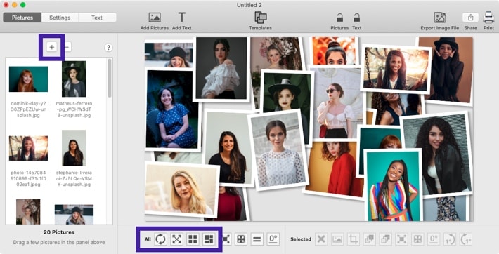 Screenshot of TurboCollage software showing the control to add pictures to the collage.