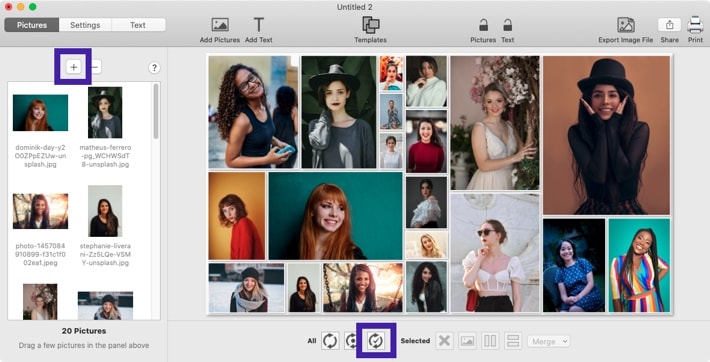 Screenshot of TurboCollage software showing the button to add pictures to the collage.