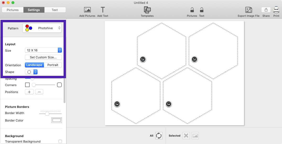 Screenshot of TurboCollage software showing how to select the Photohive pattern.