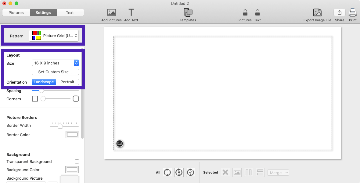 Screenshot of TurboCollage software showing how to select the Picture Grid (Unequal) pattern and set a collage size.