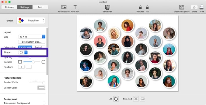 Screenshot of TurboCollage software showing the control to select a shape in Photohive pattern.