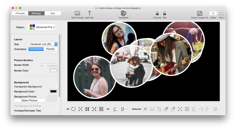 Screenshot of TurboCollage software with some pictures added. The added images appear as circles in the Advanced Pile pattern