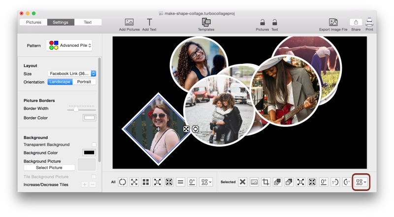 Screenshot of TurboCollage software showing how to choose a shape for a particular picture.