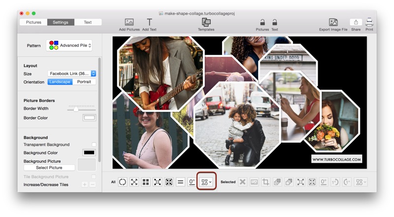 Screenshot of TurboCollage software showing how to choose a shape for all pictures.
