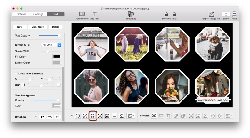 Screenshot of TurboCollage showing how to layout pictures in a regular arrangement while using the Advanced Pile pattern.