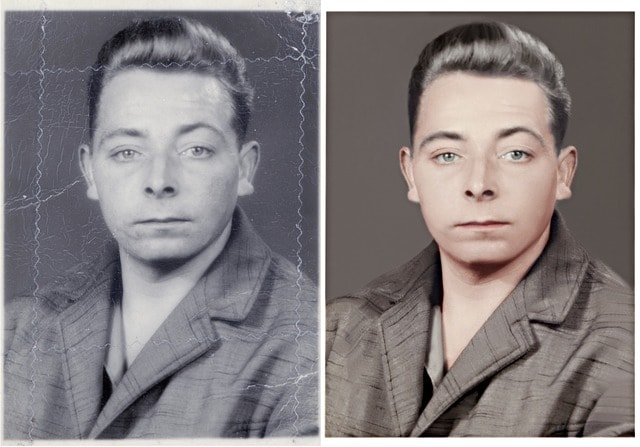 A side-by-side photo demonstrating the result of image restoration.